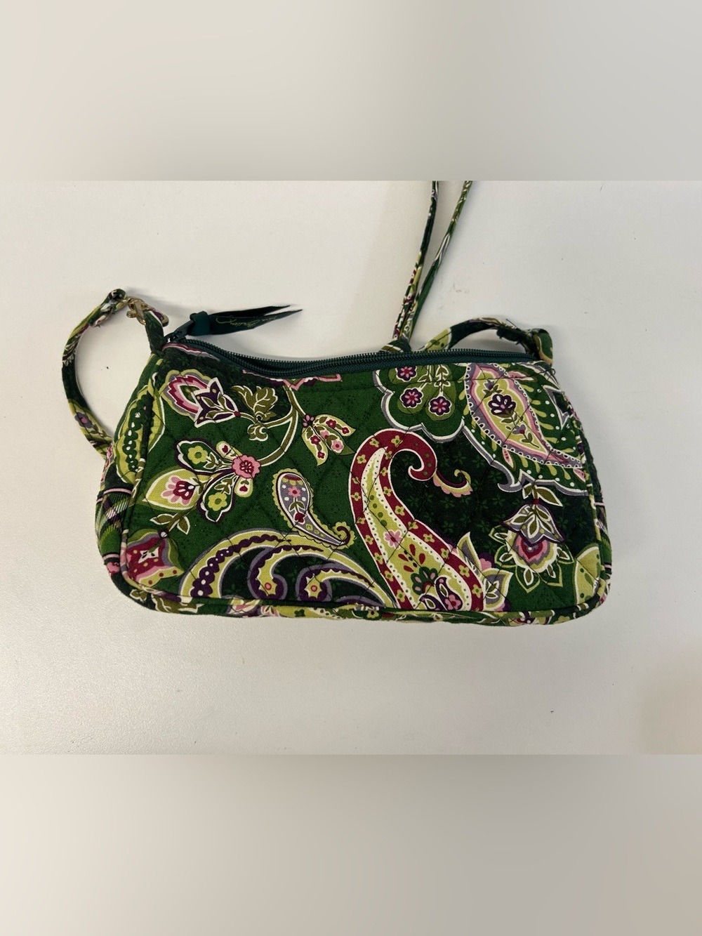 Vera Bradley Green Paisley Quilted Crossbody Wristlet with Pink & Purple Accents